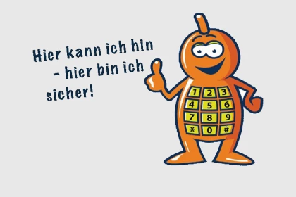 Friendly telephone man symbol with the text - I can go here - I am safe here