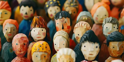 Obraz symbolizuje různé lidi v podobě dřevěných soch.