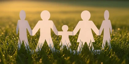 Papierfiguren stehen zusammen auf einer Wiese