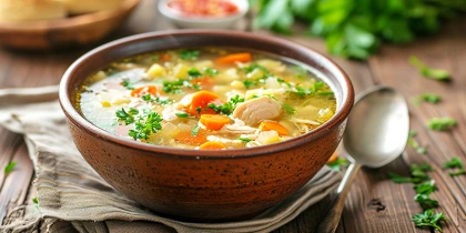 Schüssel Suppe steht auf einem Tisch